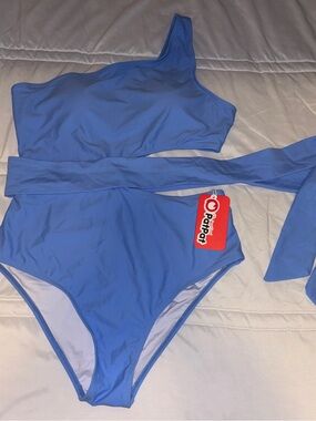 NWT One-Shoulder Light Blue Swimsuit with Waist Tie